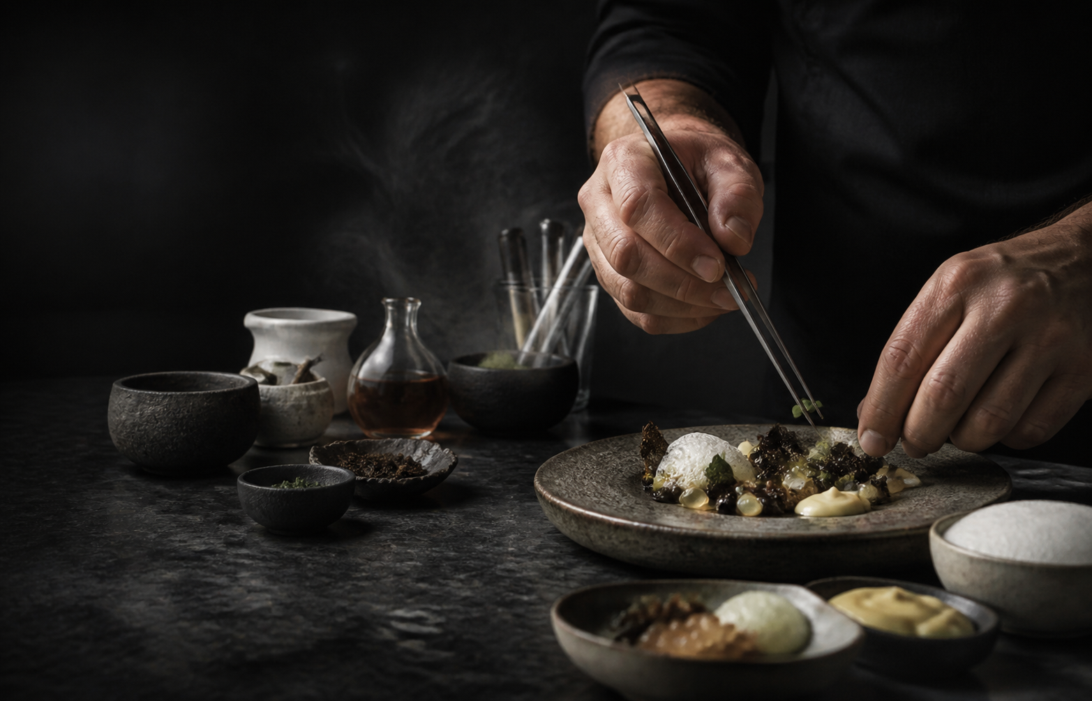Escena conceptual de experimentación culinaria y emplatado de precisión; no representa una creación real de Heung Leung